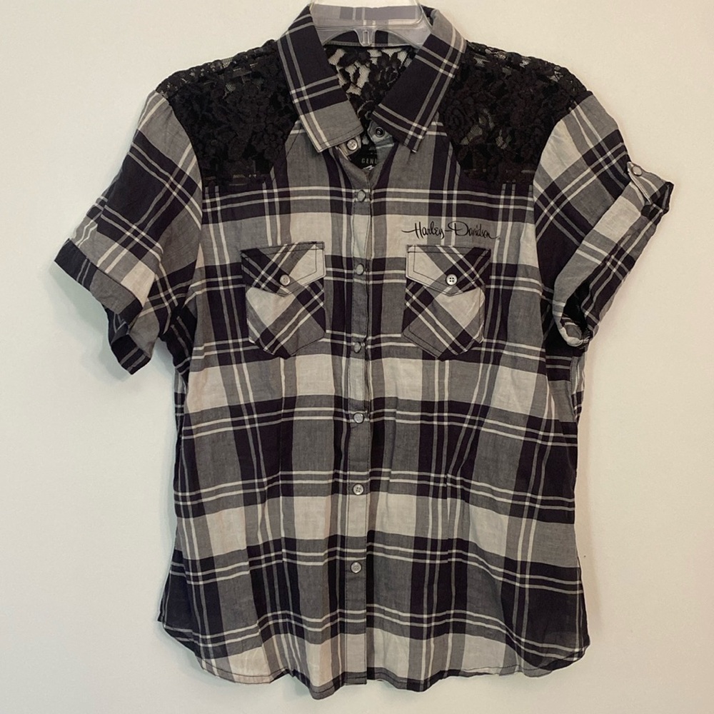 Harley Davidson Motorcycles lightweight plaid snap front shirt & bling & lace